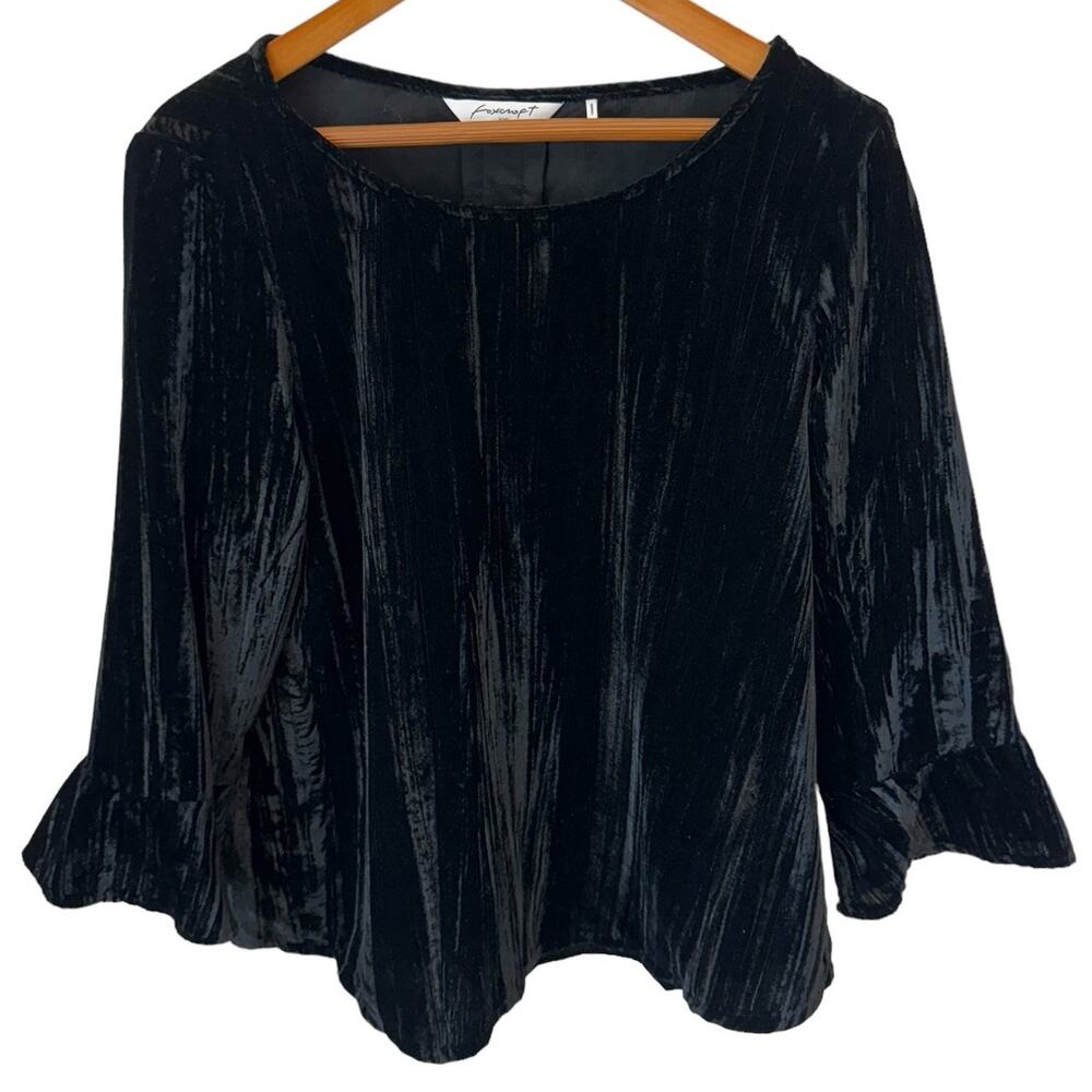 FOXCROFT Black Soft Crushed Velvet Top Womens Large Flounce Sleeve